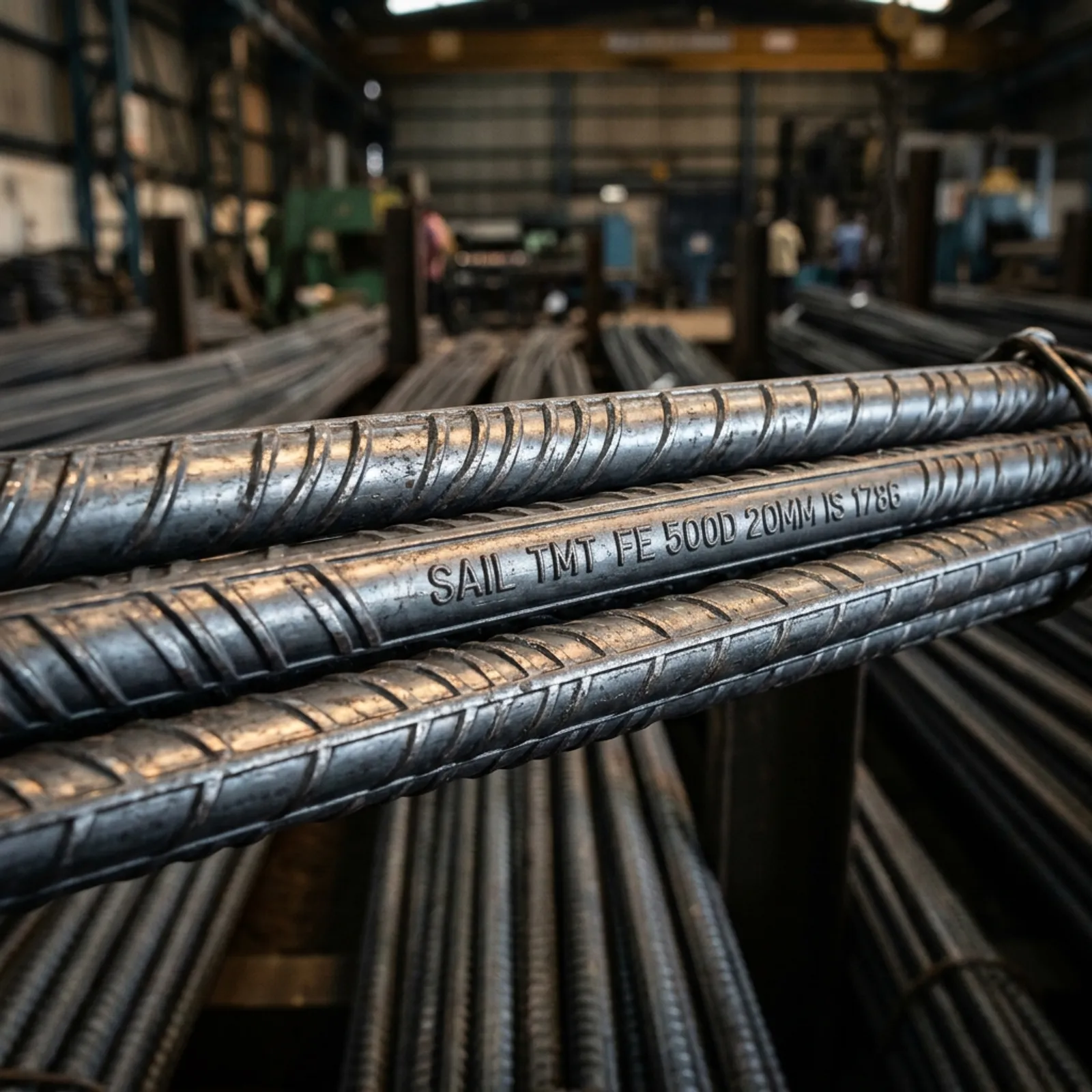 High-strength ribbed TMT steel bars stacked in Hyderabad yard