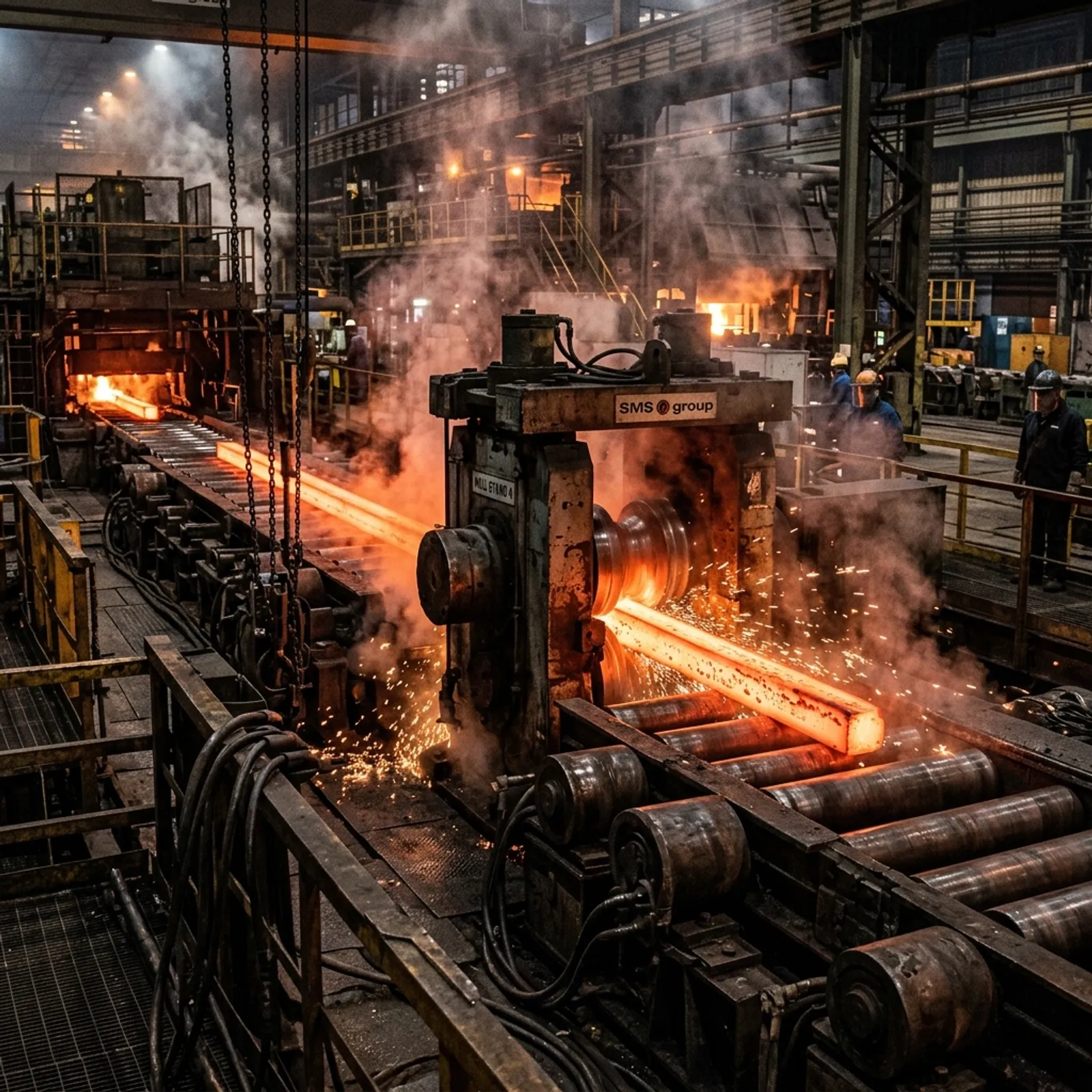 Hot steel billet glowing bright orange on a rolling mill line