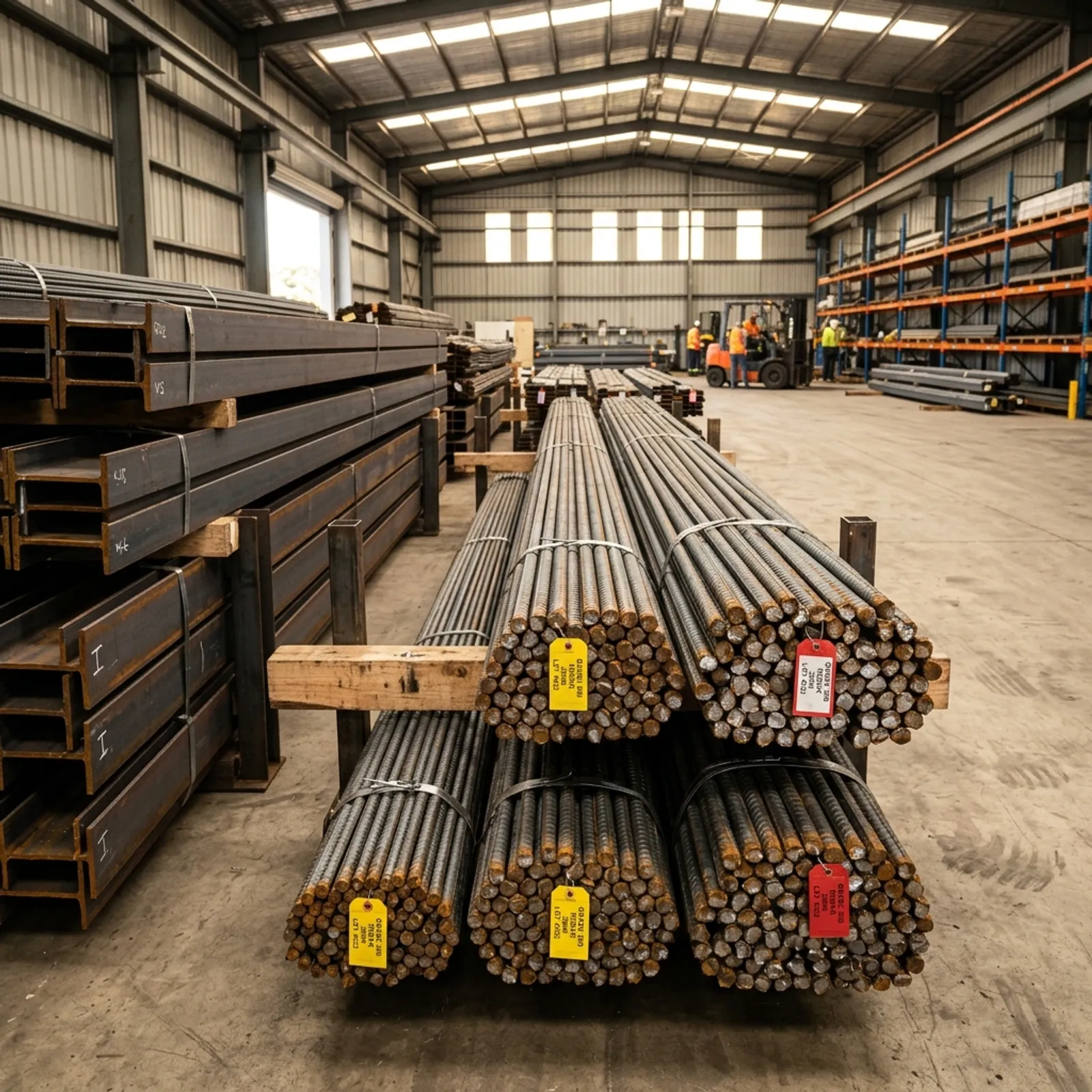 Bundled steel reinforcement bars and sections in Hyderabad stock yard